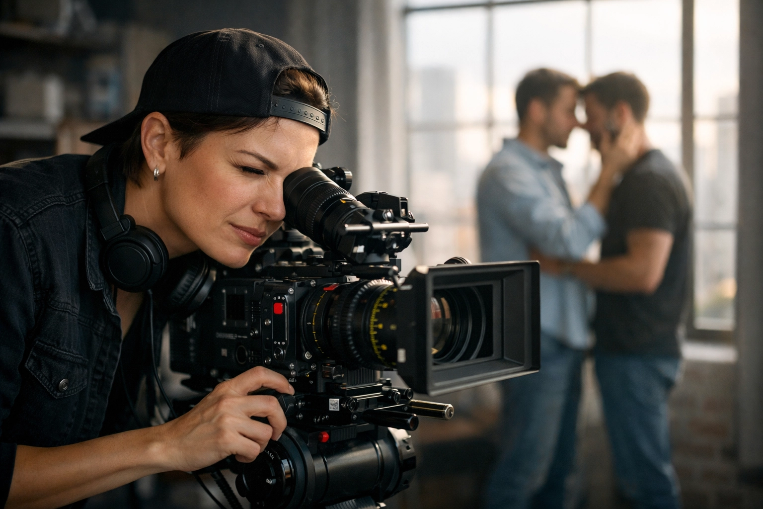 A lesbian director captures a scene for an LGBTQ+ movie, highlighting the power of queer storytelling.