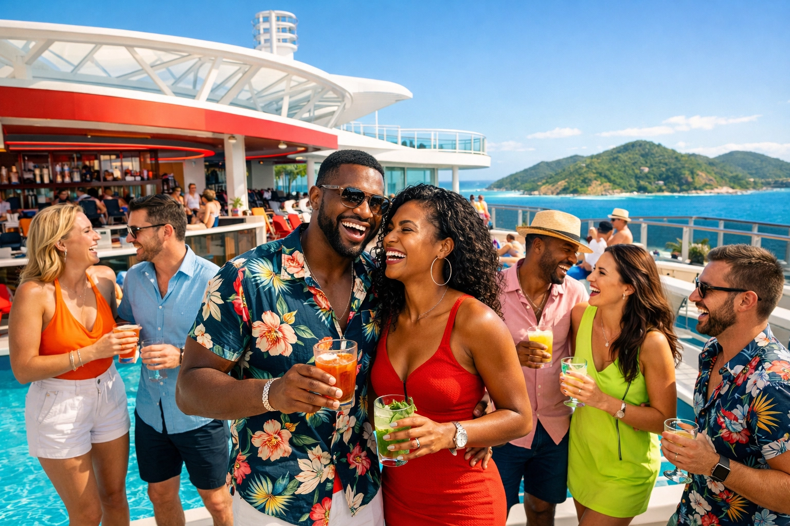 Vibrant social scene at a ship pool bar following a successful Lifestyle Resorts booking.
