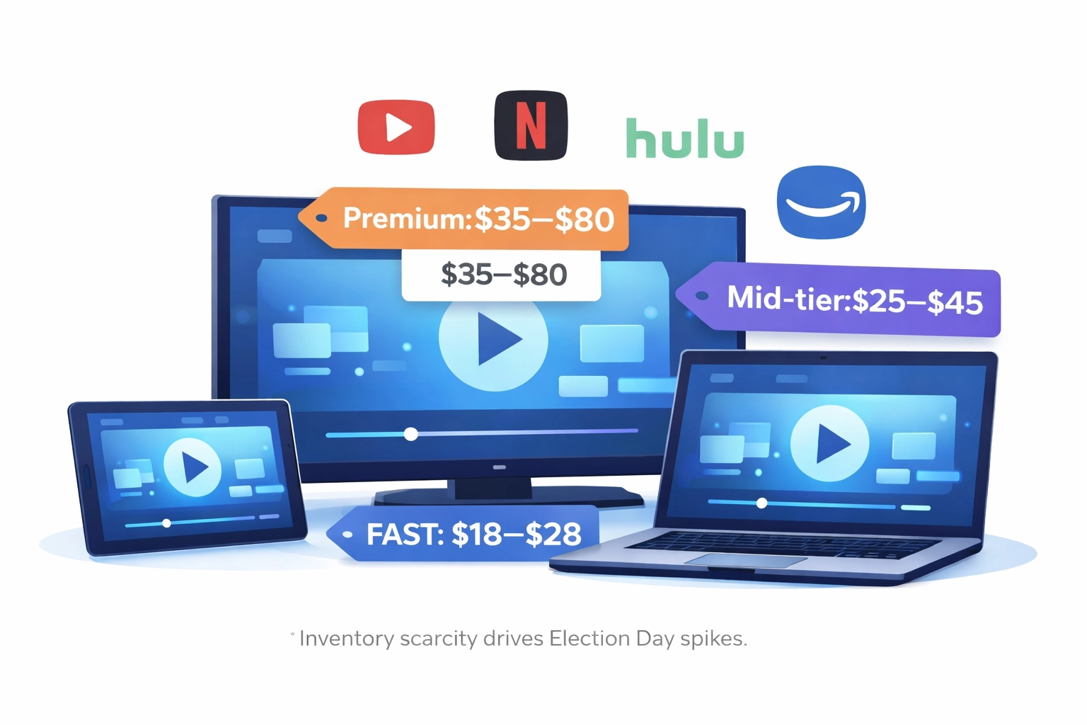 Multiple streaming TV devices showing different platform CPM rates for campaign ads