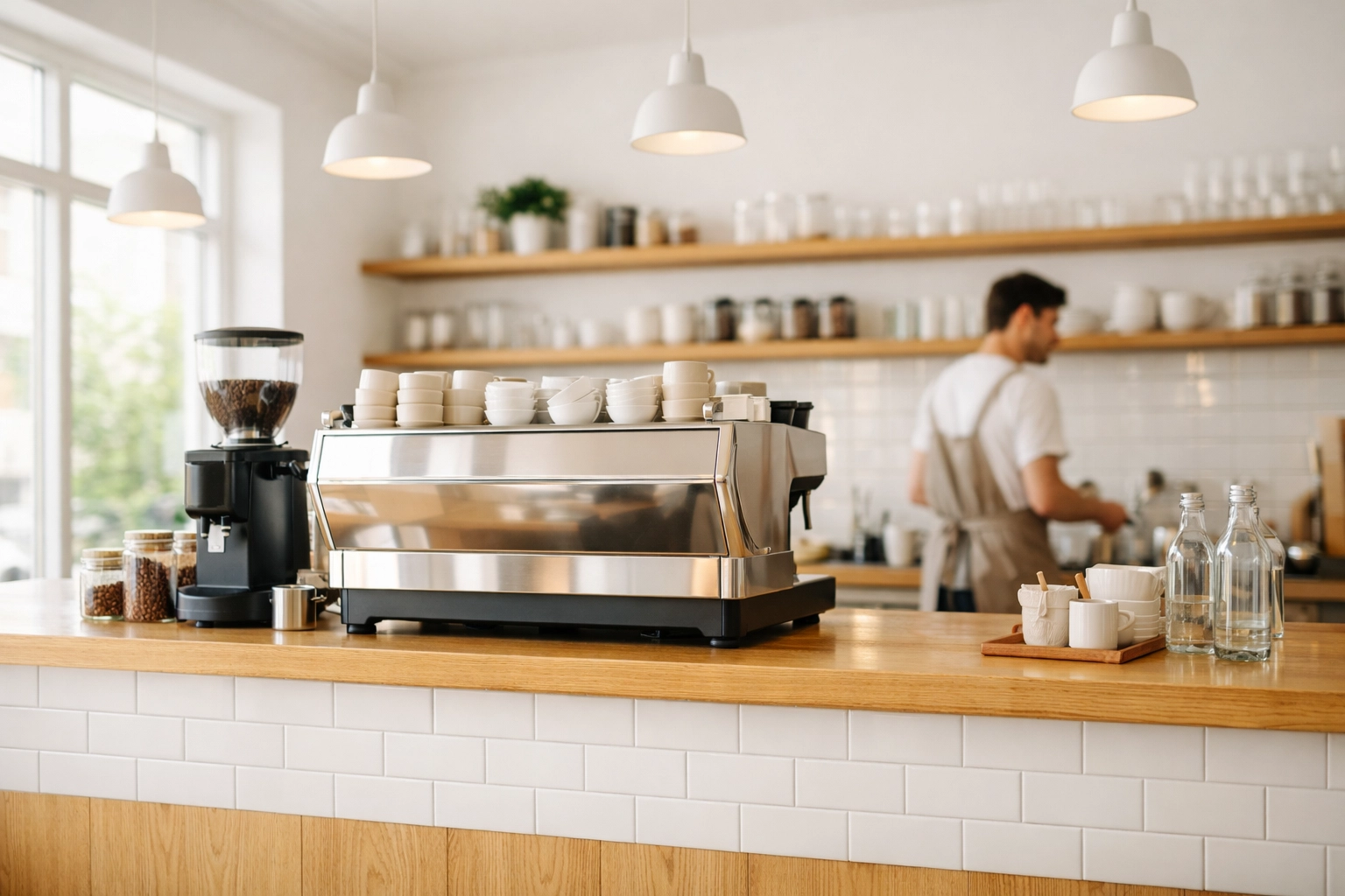 Modern coffee shop interior showing a functional bar layout with professional espresso equipment.