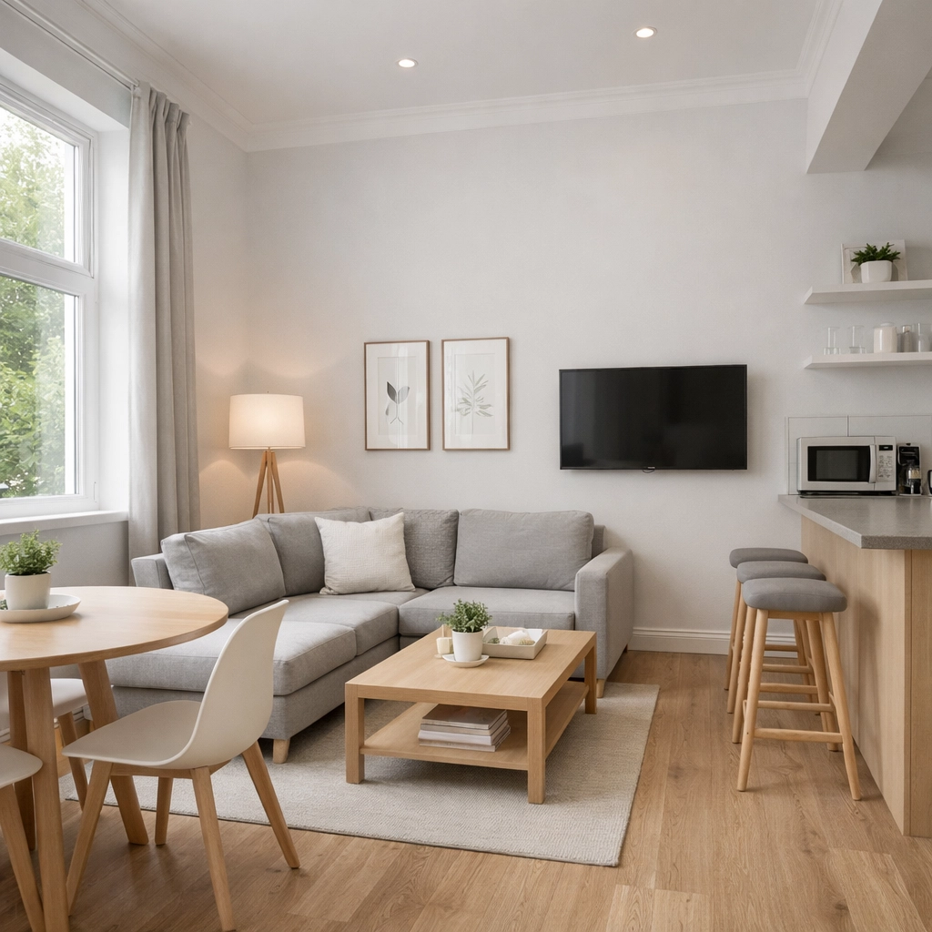 Modern HMO communal living space designed by an expert HMO architect for commercial viability.