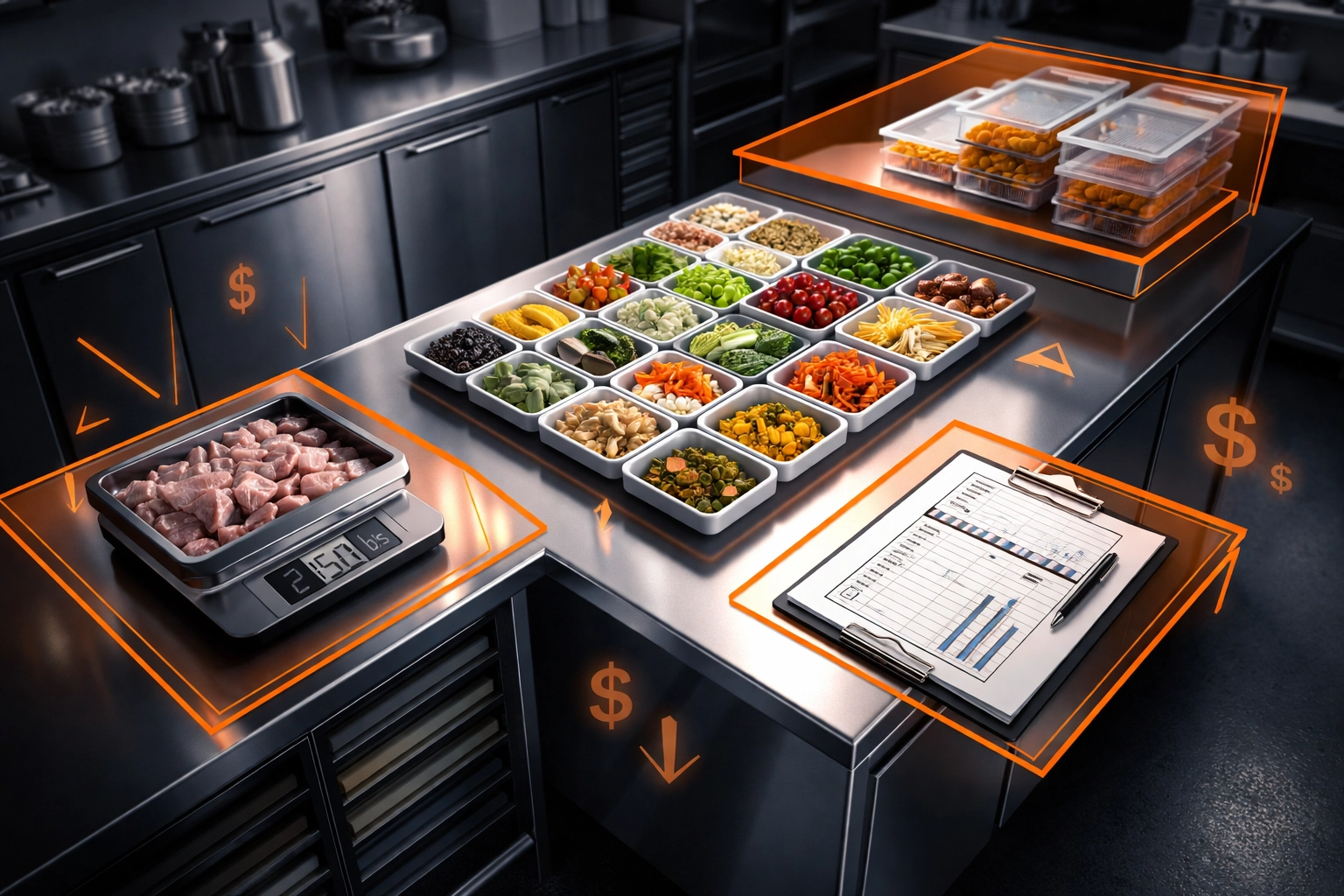 Modern commercial kitchen with organized prep stations and inventory, highlighting cost control strategies