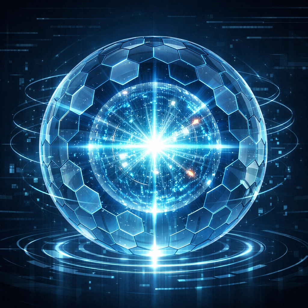 Digital security shield around a glowing data orb symbolizing proactive network security monitoring.