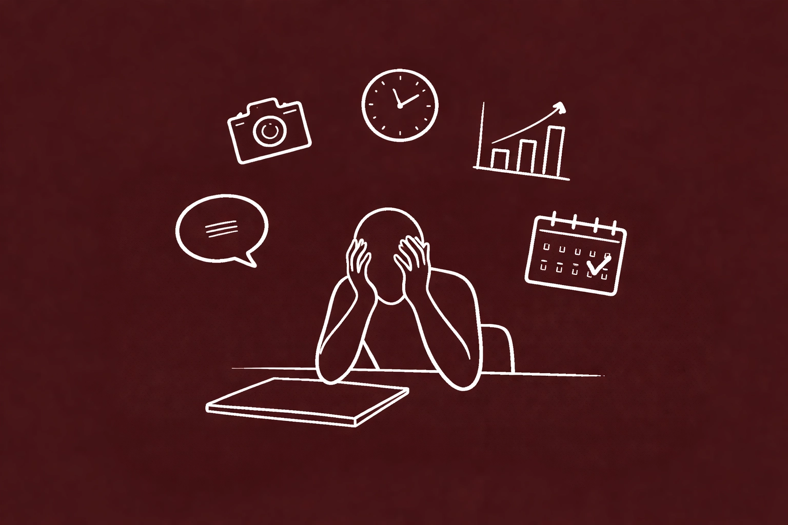 Minimalist illustration of a person overwhelmed by multiple social media tasks, highlighting digital exhaustion.