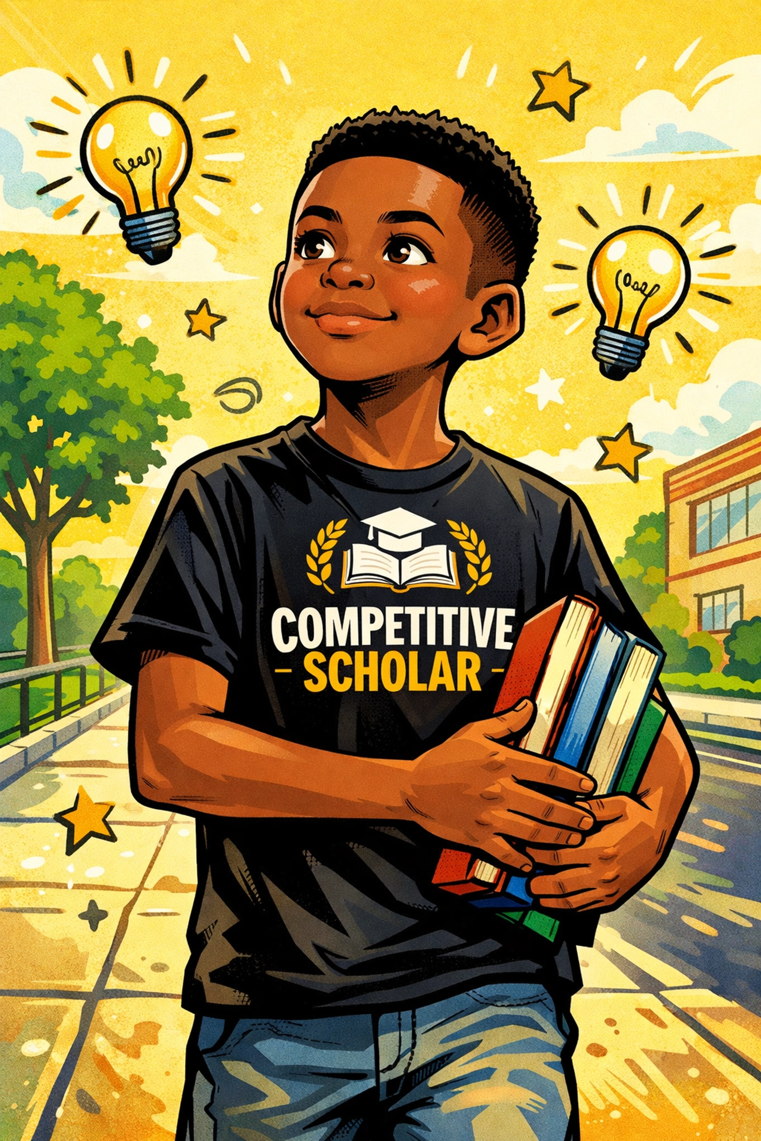 Young Black scholar wearing a CRC Competitive Scholar t-shirt while holding a stack of books.