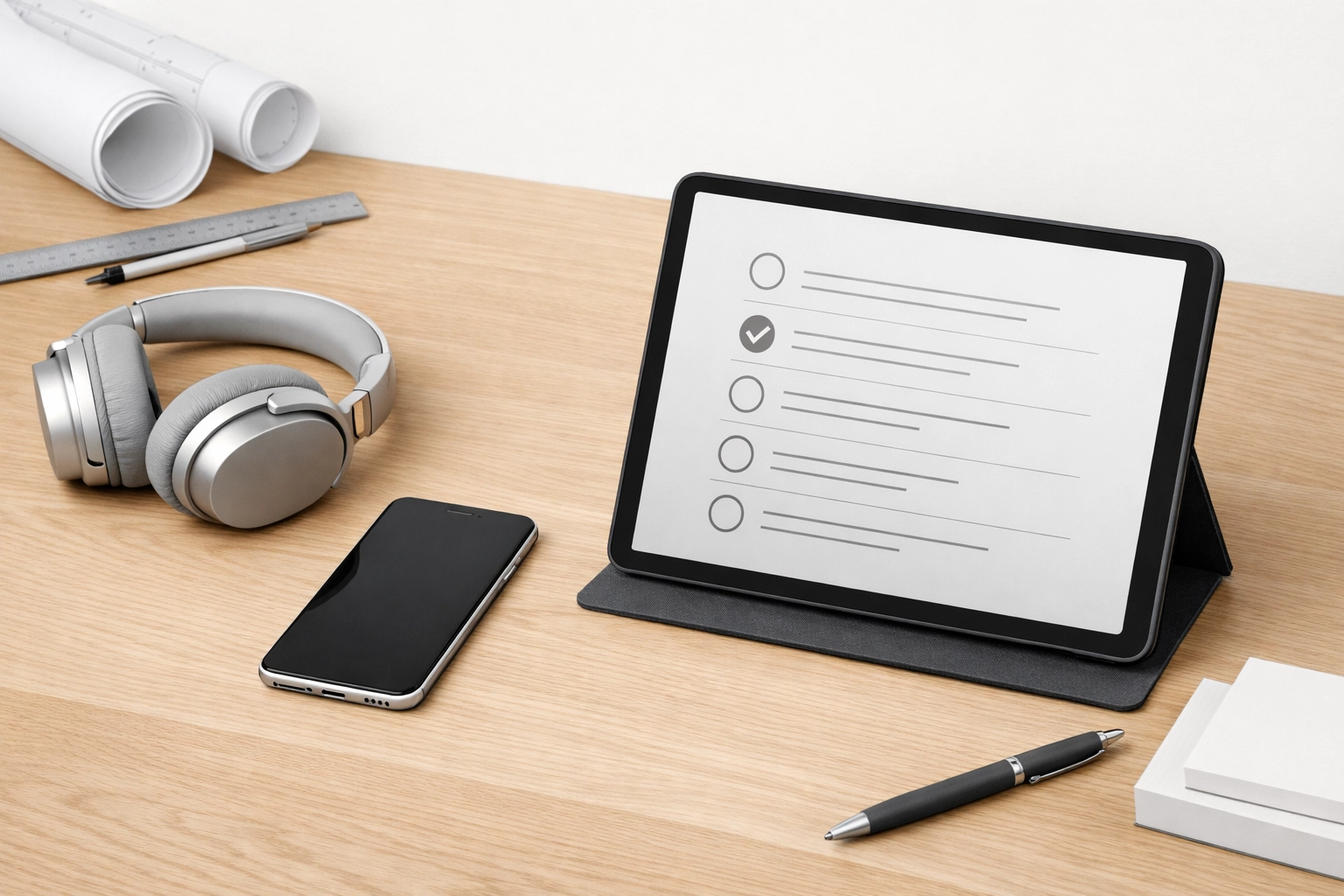 Organized desk with a tablet checklist representing professional SOP management for remote teams.