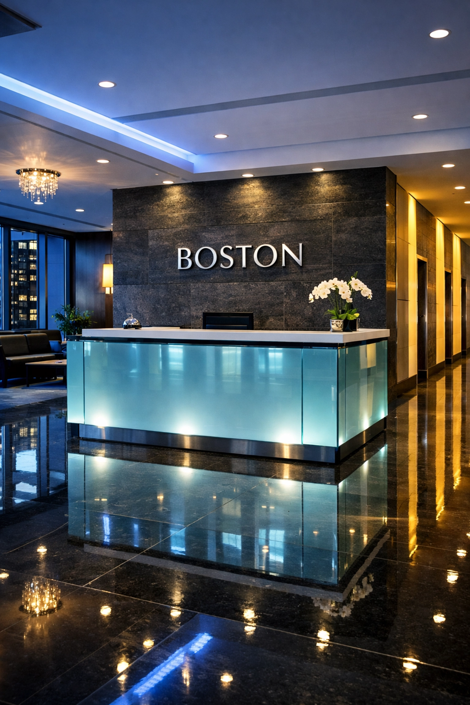 Clean Boston office lobby with polished floors from expert commercial cleaning services near me.