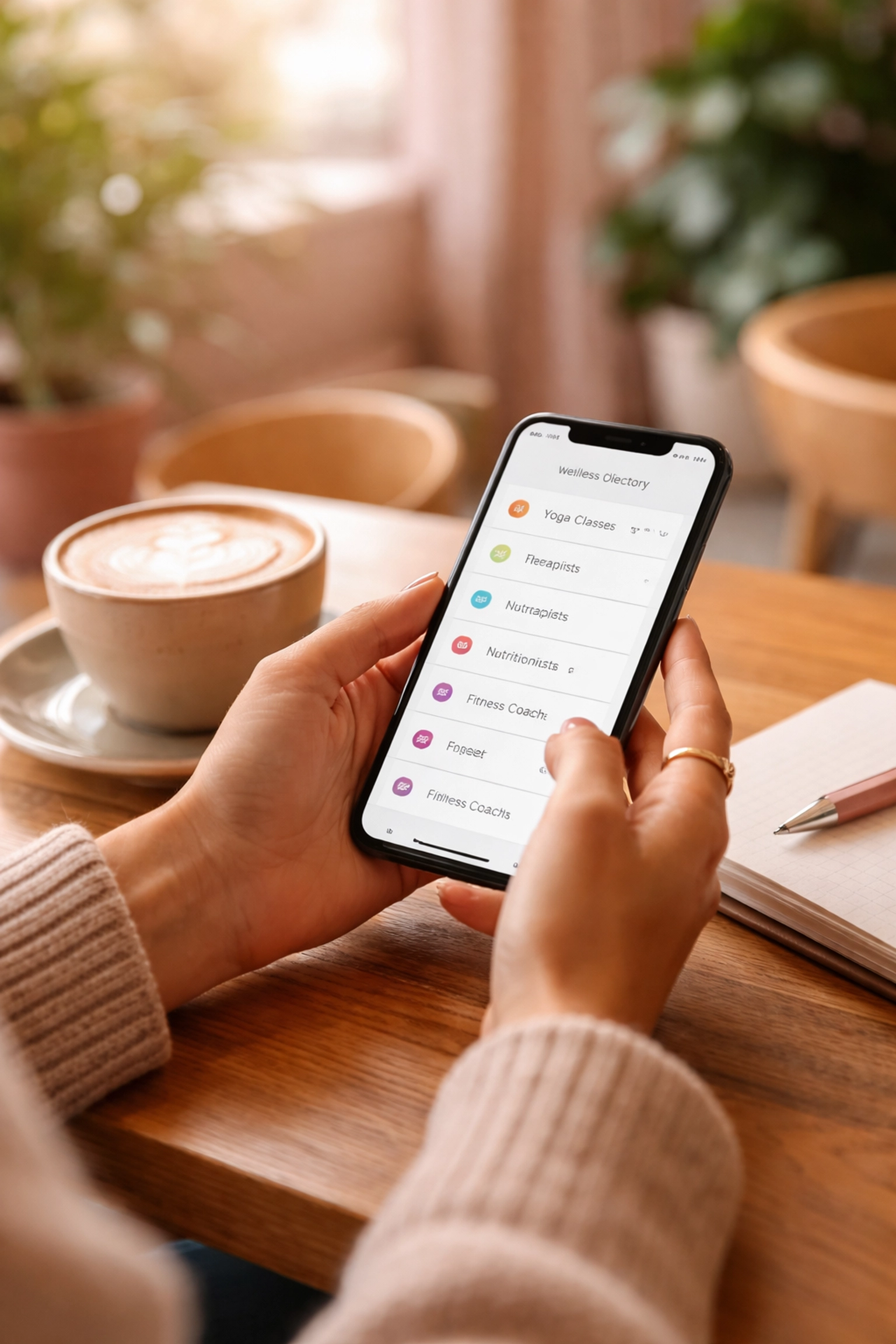 A person browsing a therapist directory on a smartphone at a sunny café, searching for trans friendly therapists.