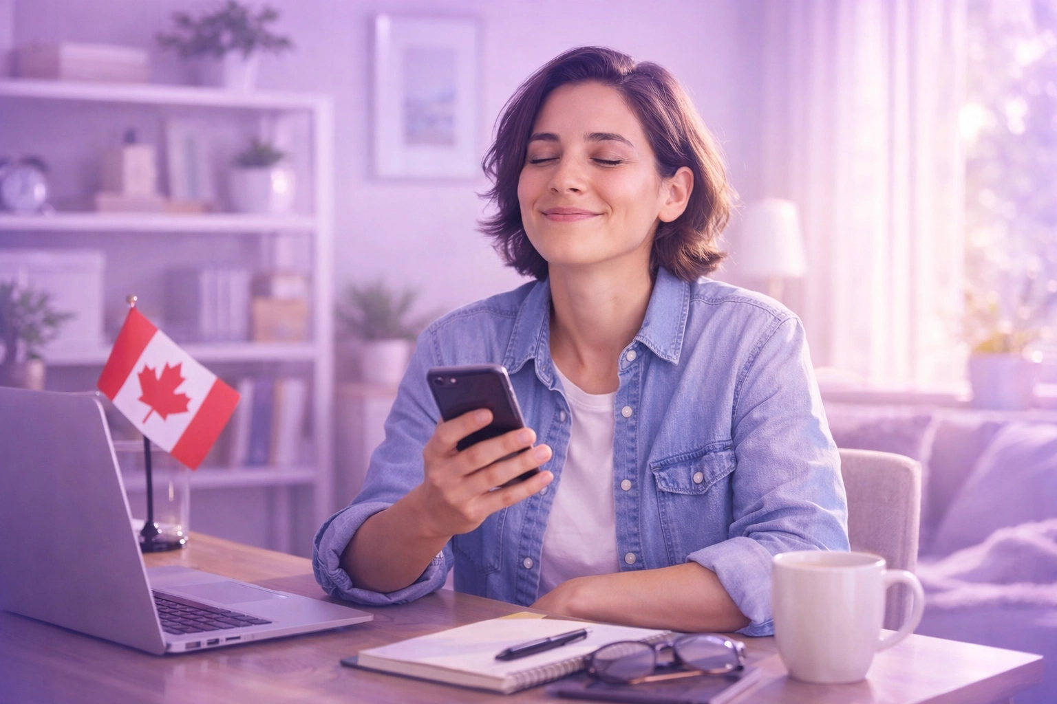 Happy Canadian professional receiving a fast e-transfer payday loan via smartphone.