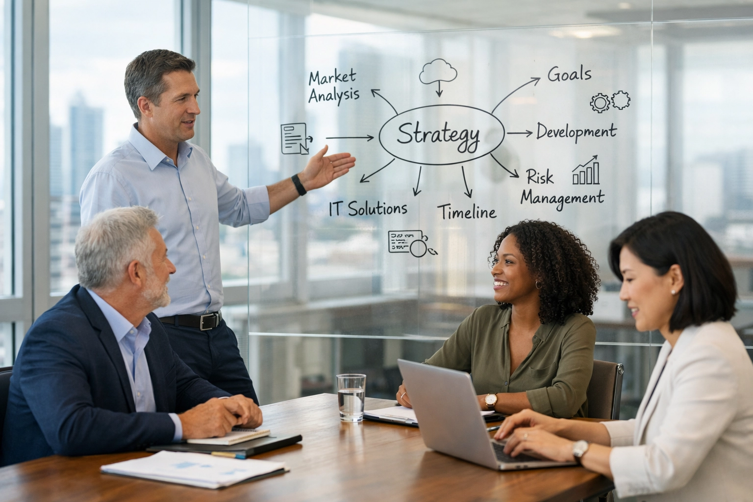 IT and business leaders collaborating on a ServiceNow governance framework and strategy.