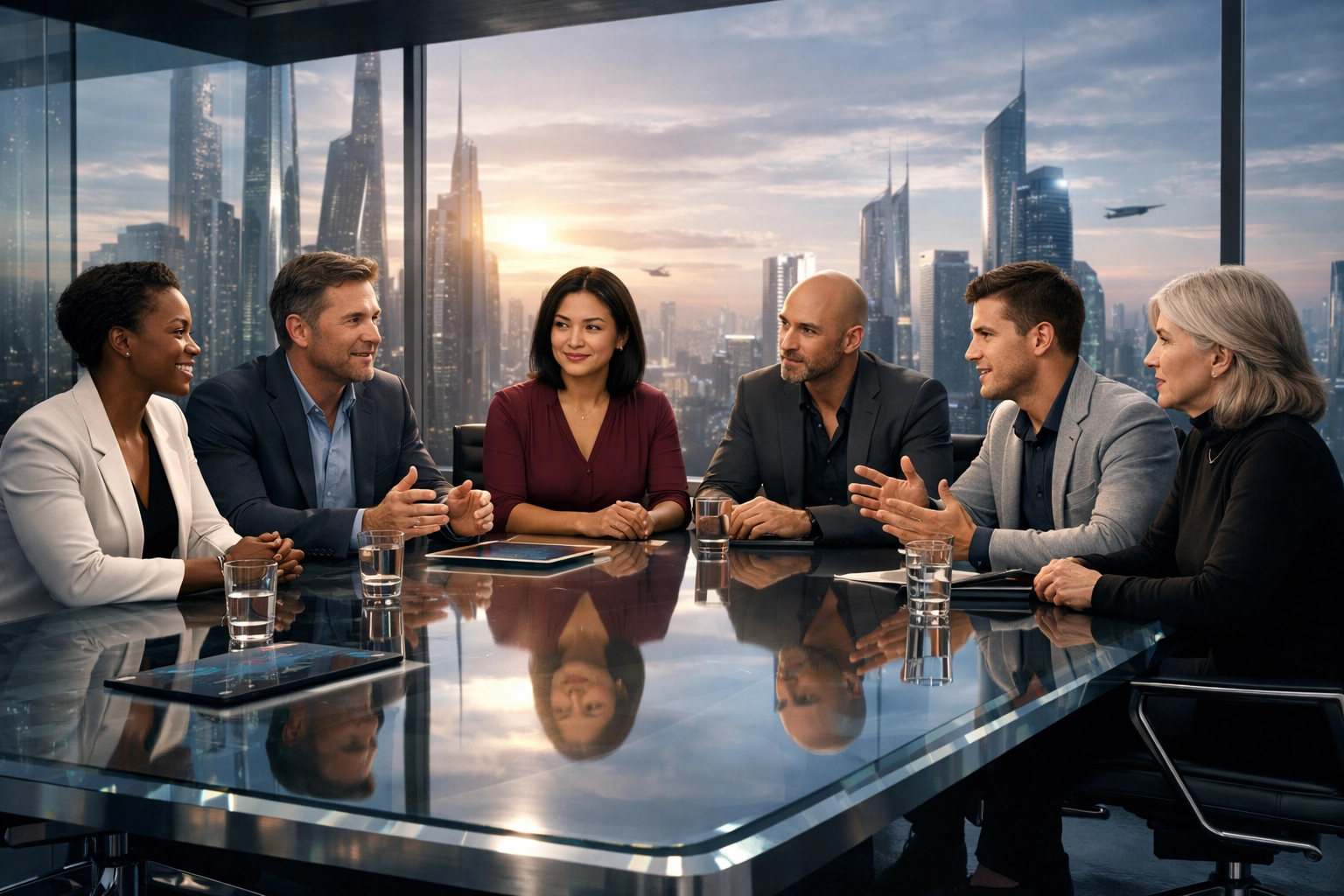 Photorealistic digital avatars attending a remote business meeting in a virtual boardroom.