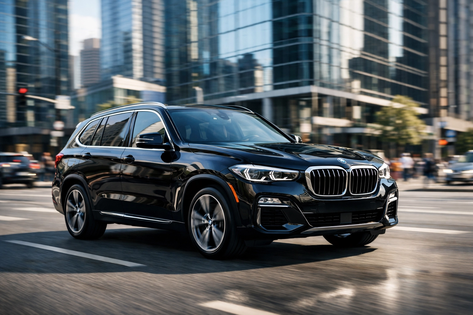 Luxury executive SUV driving through a modern host city for VIP Super Bowl corporate transport.