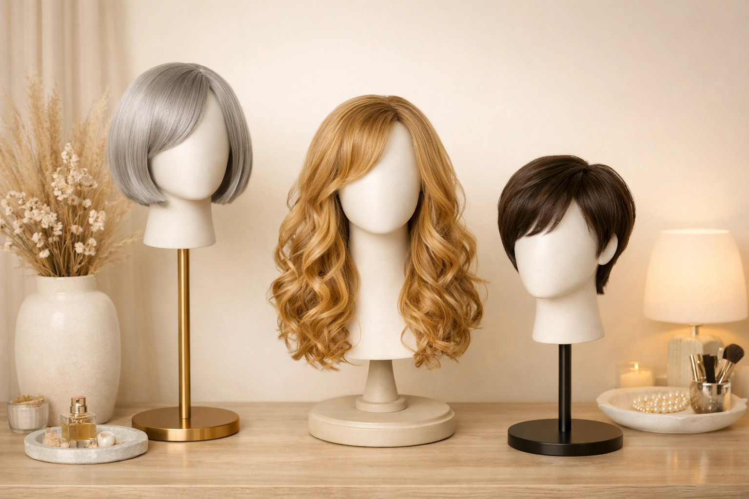 A professional boutique display featuring various styles at one of the best wig shops in Chattanooga TN.