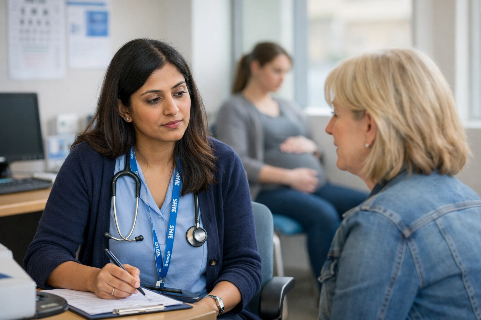 NHS clinician and patient discussing asthma care UK and hormonal influences on respiratory health across life stages.