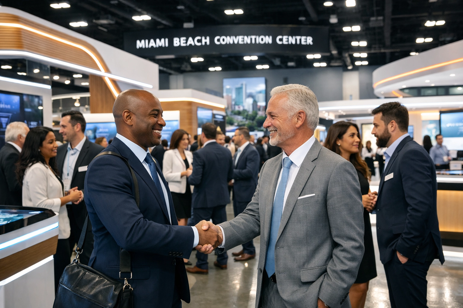 Trade show photographer Miami capturing interactions at the Miami Beach Convention Center expo floor.