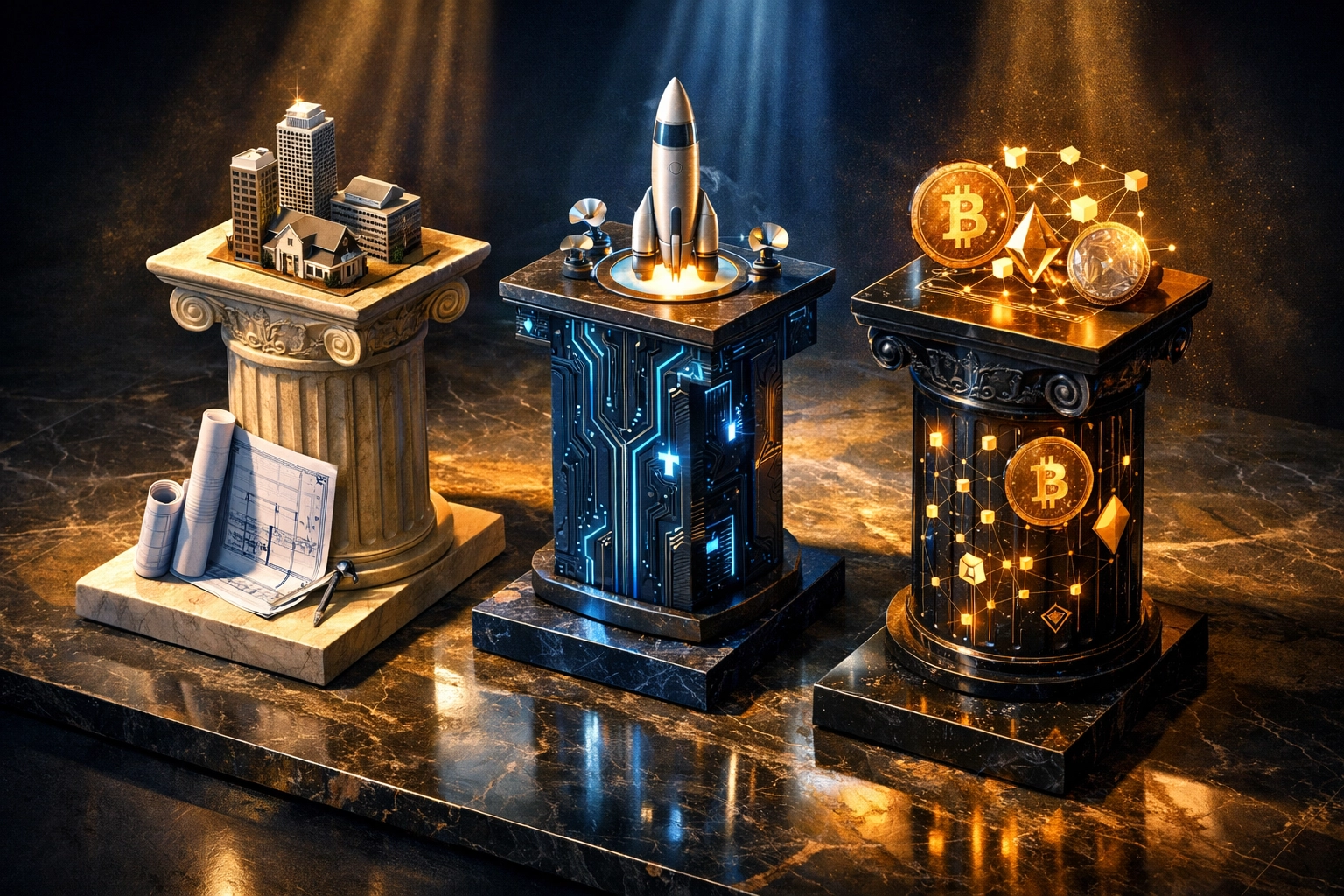 Three pillars representing private equity, crypto, and real estate asset classes for diversified investing