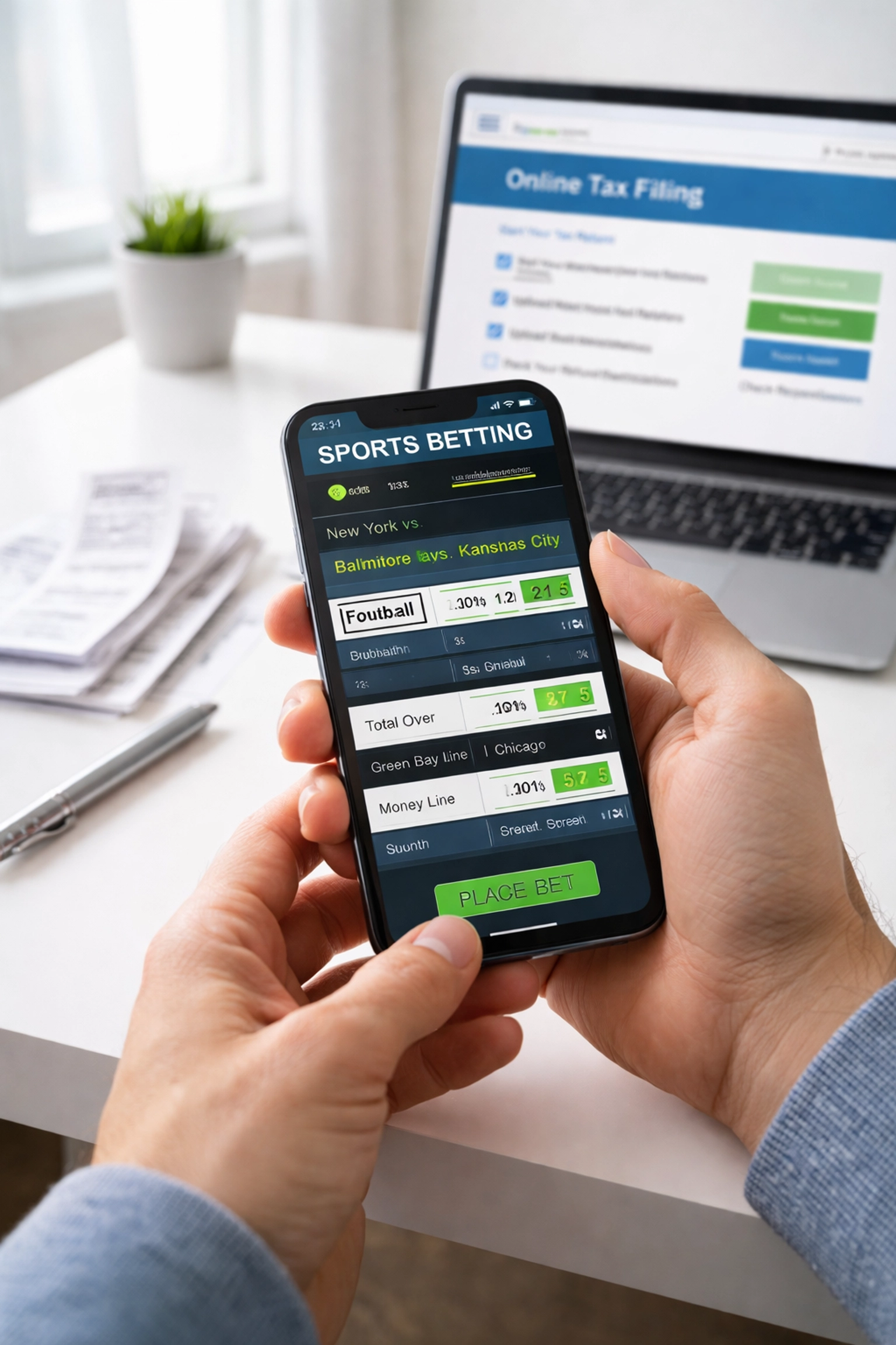 Hands holding a smartphone with sports betting app, next to receipts and tax forms for gambling loss deductions