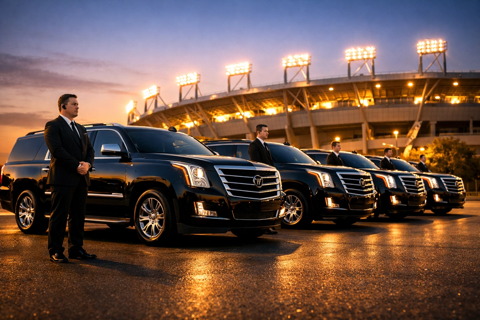 PRESS RELEASE: USA Entertainment Travel Solves the $2.3M Super Bowl Coordination Problem - New Integrated Platform Delivers Transportation, Security, and Hospitality Under One Command Center for 1,000+ Corporate Clients Luxury executive SUV fleet lined up at stadium for corporate Super Bowl transportation services