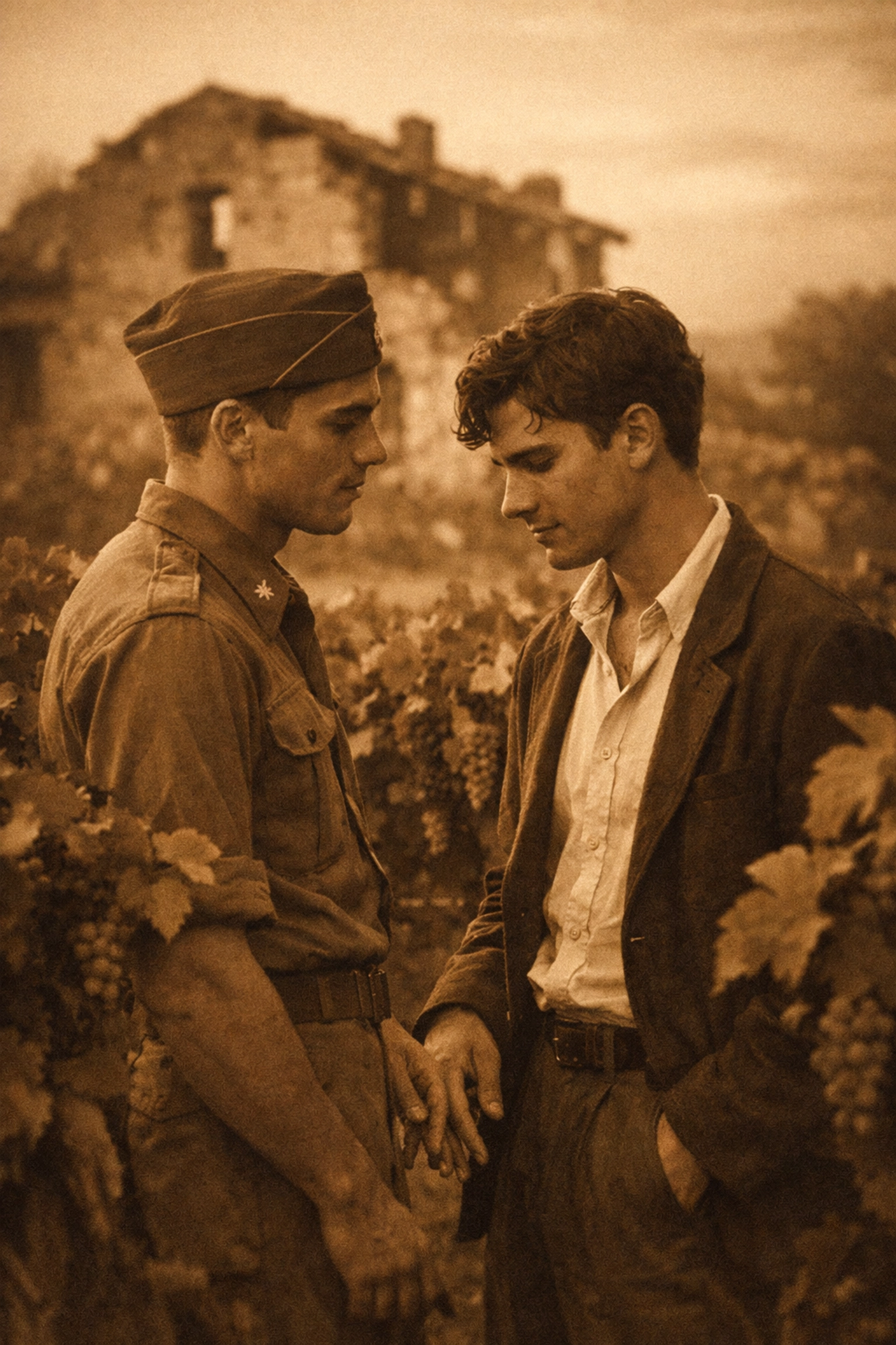 WWII gay romance: soldier and Italian man among grapevines near war-torn farmhouse