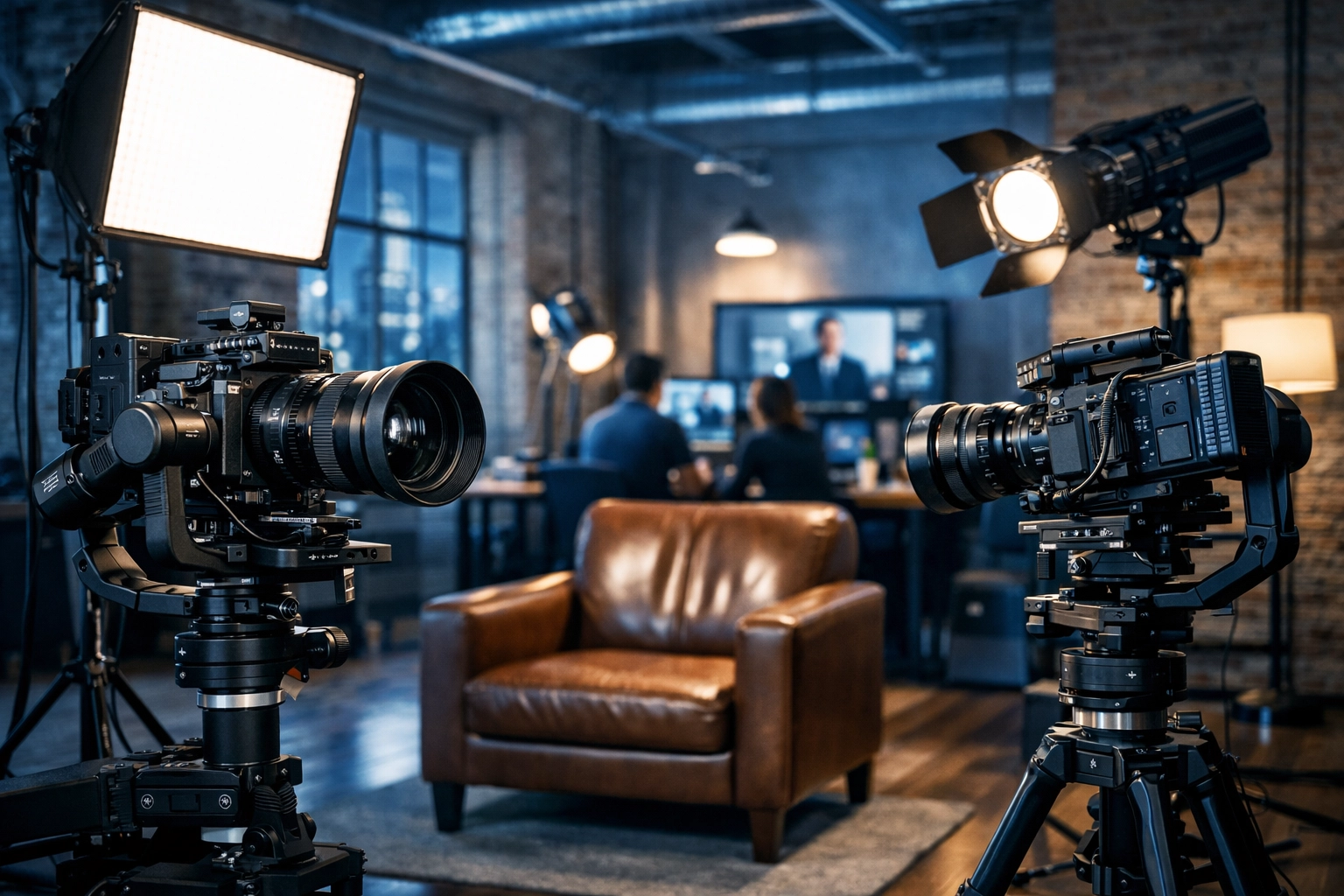 Event video production team setting up cinema cameras for a corporate event videographer session in Chicago.