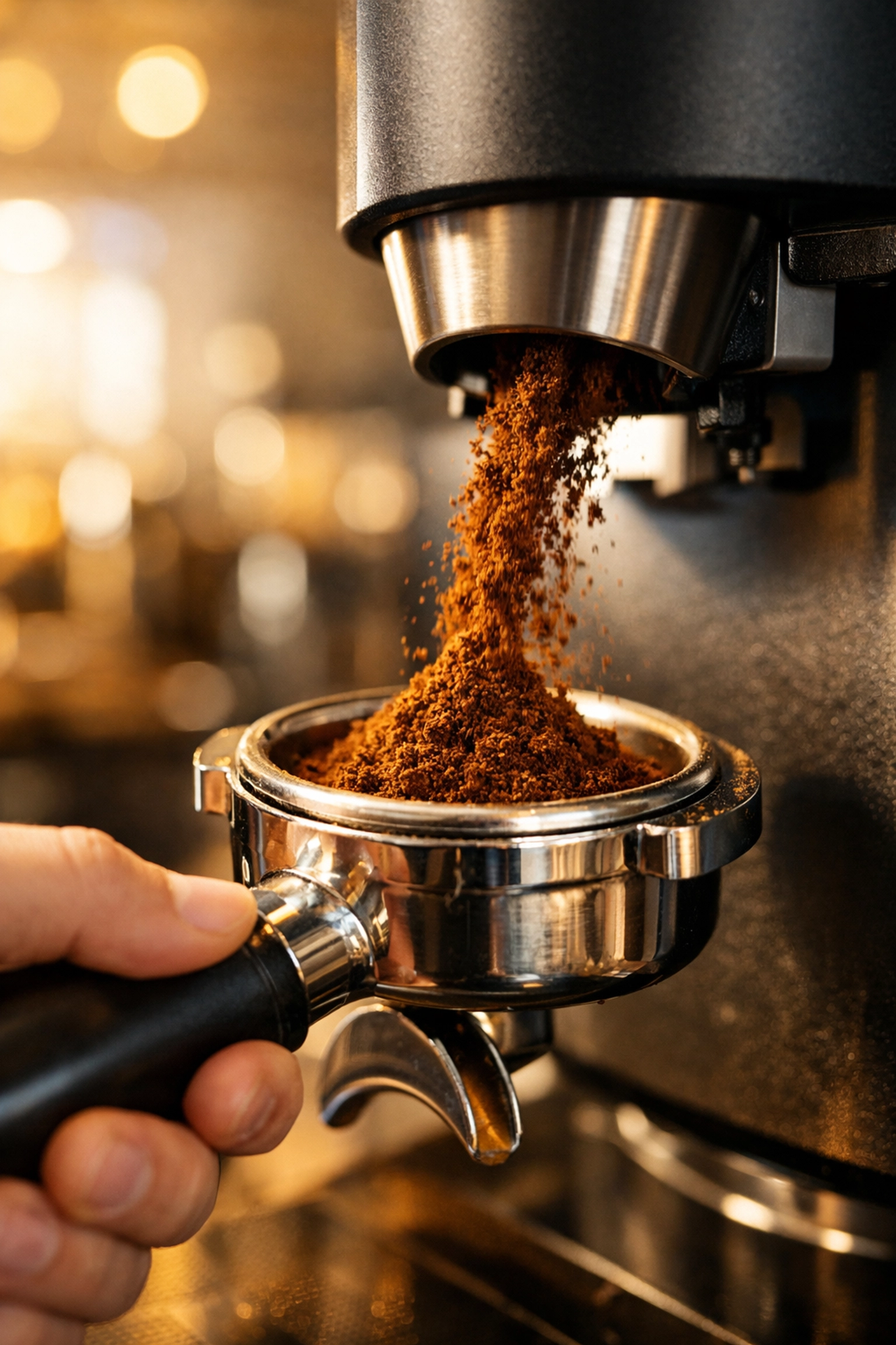 Barista using a precision grind-by-weight espresso grinder to dose coffee into a portafilter.