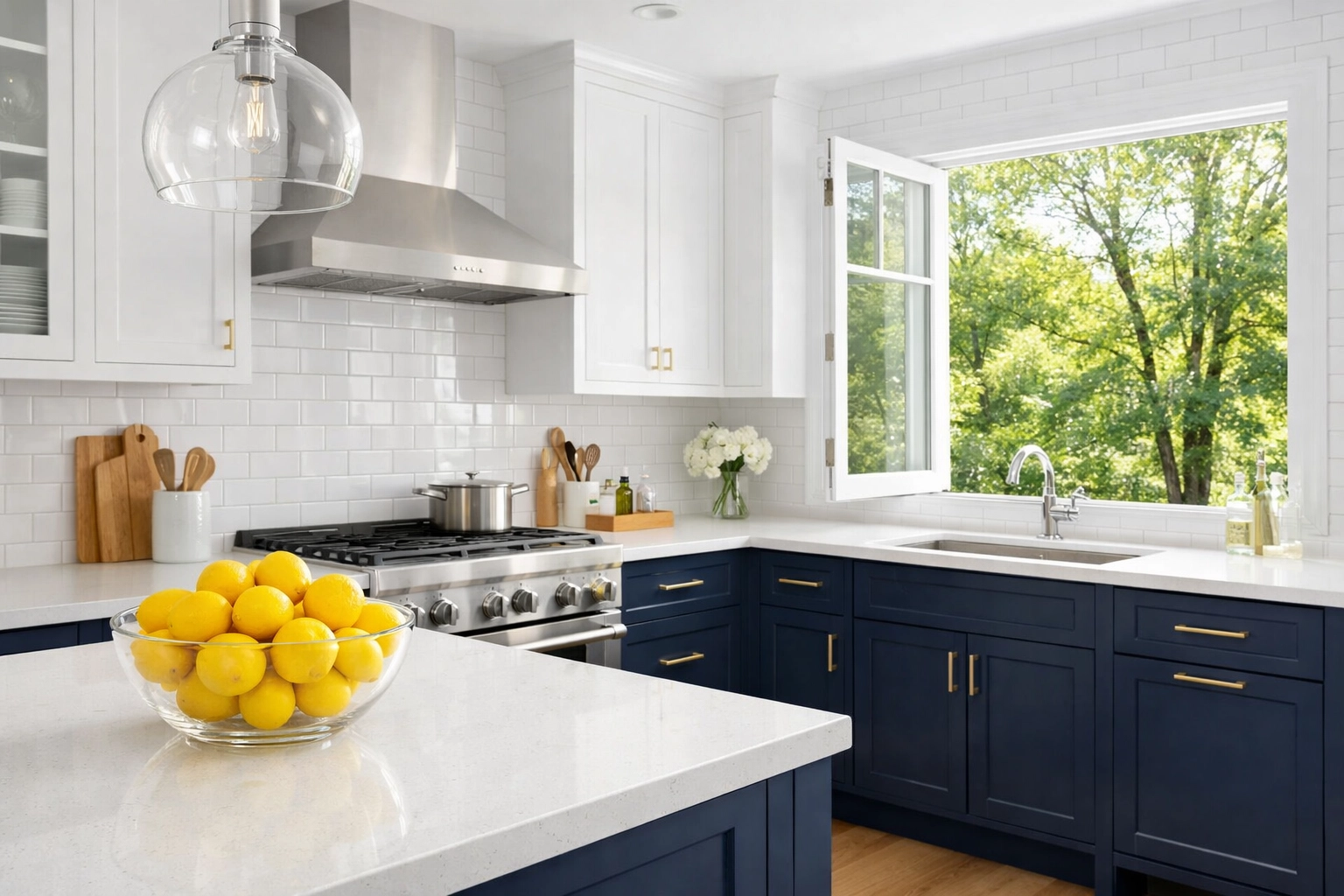 Professionally cleaned Acton kitchen with fresh air and non-toxic quartz countertops.