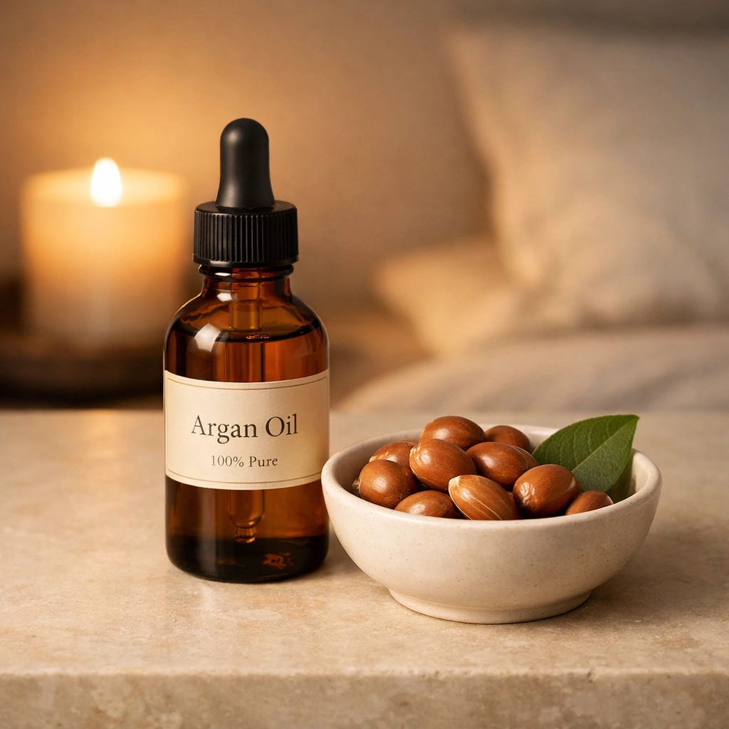 زجاجة زيت أركان مع ثمار الأركان الخام في روتين العناية بالبشرة الطبيعي.