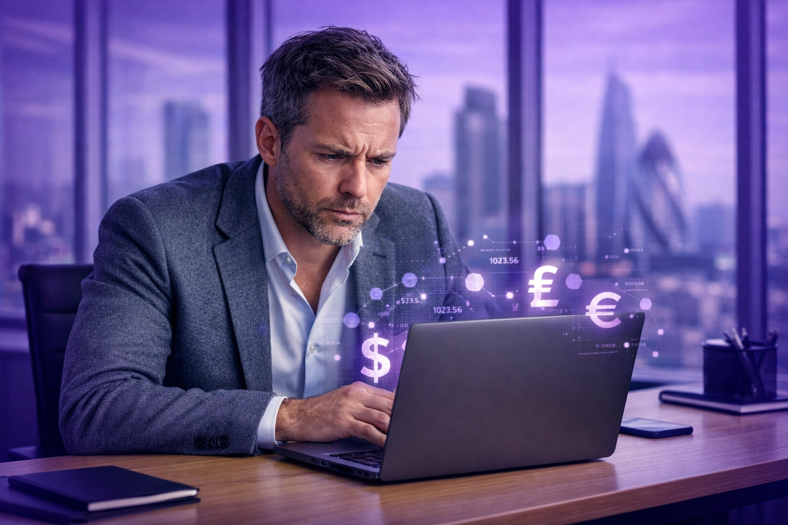 Business owner reviewing hidden hiring taxes and overhead costs on a laptop in a modern office.