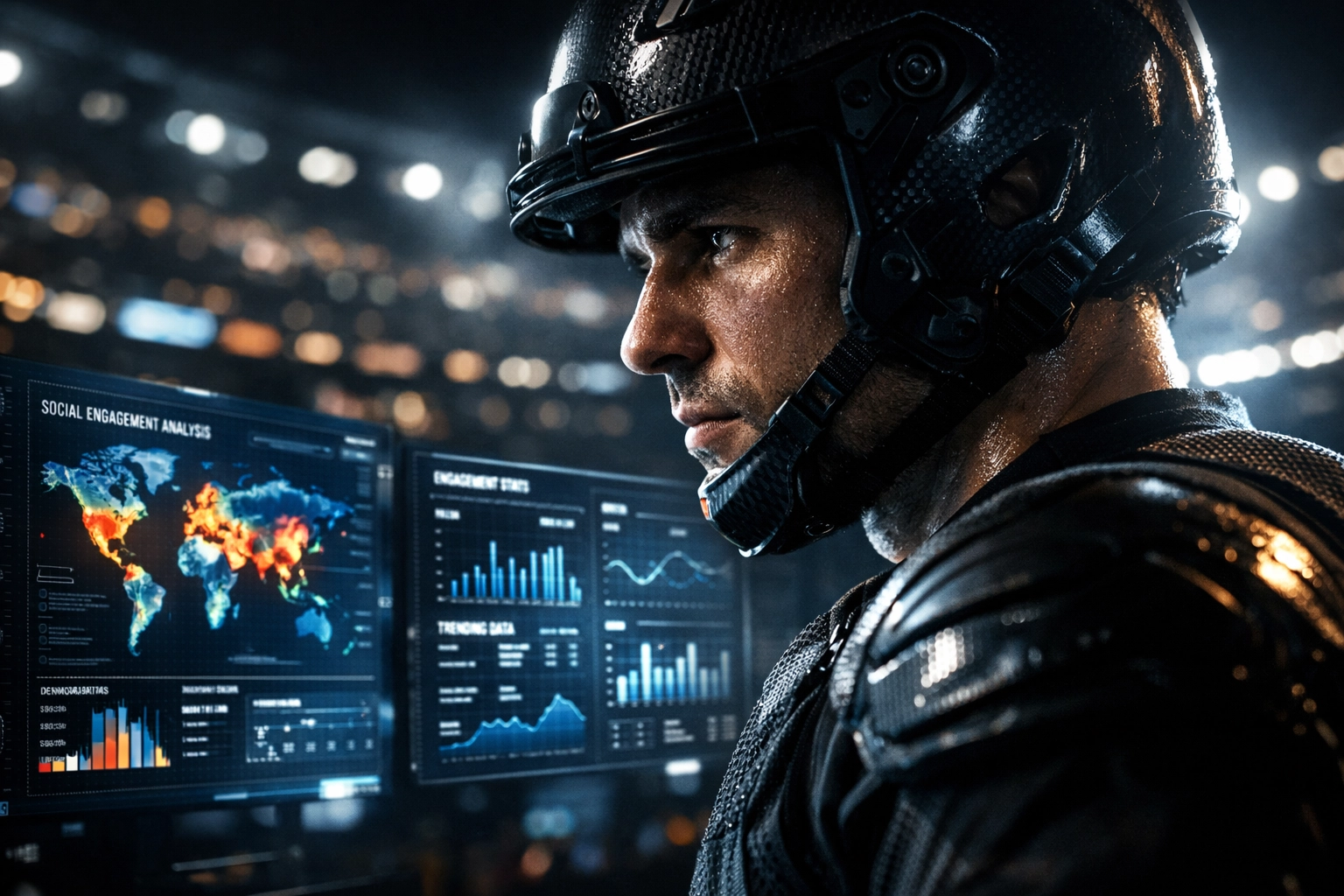 High-performance athlete viewing digital engagement heat maps to strategize long-term brand ROI.