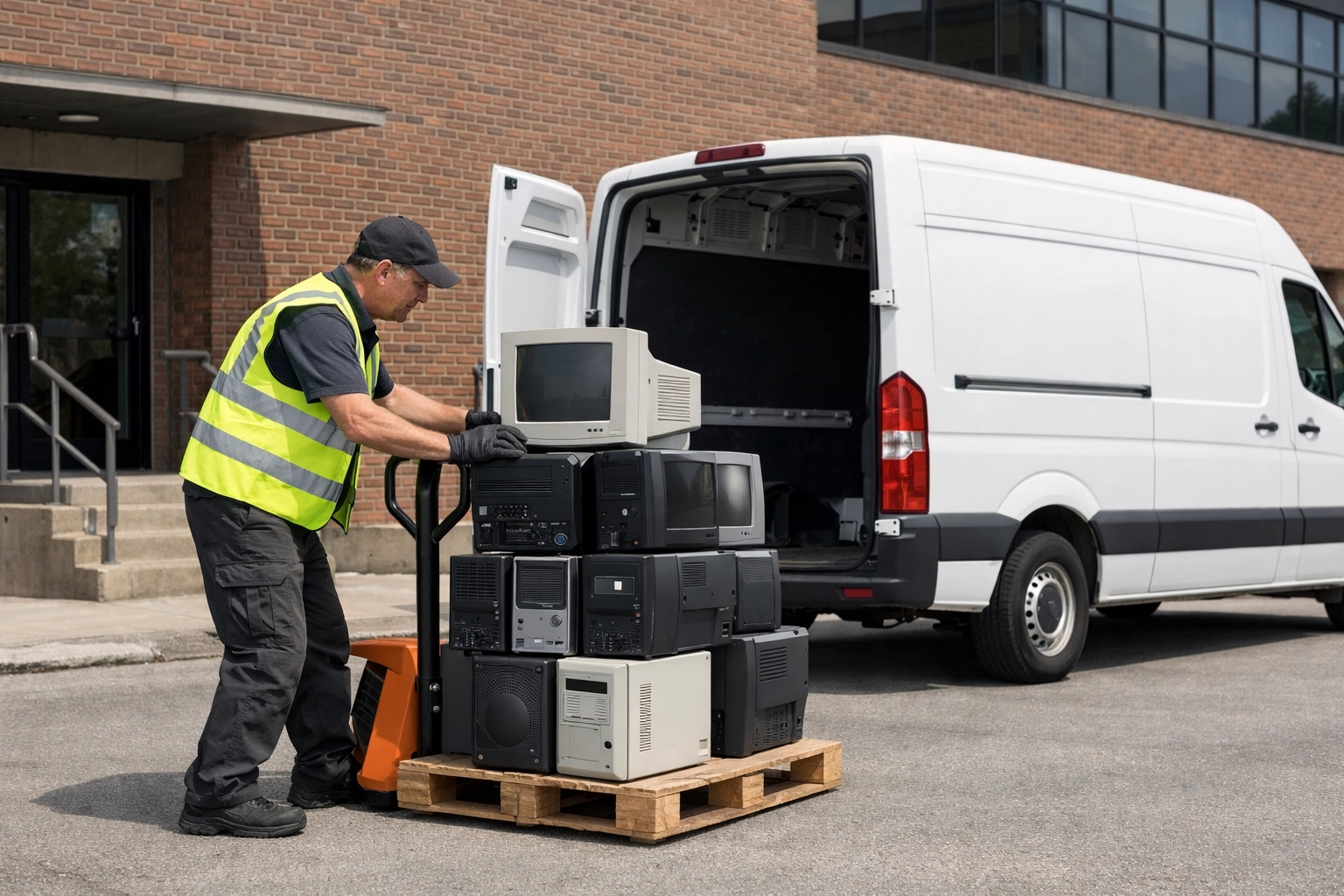 Loading old office computers and monitors for professional e-waste recycling and collection in Northants.