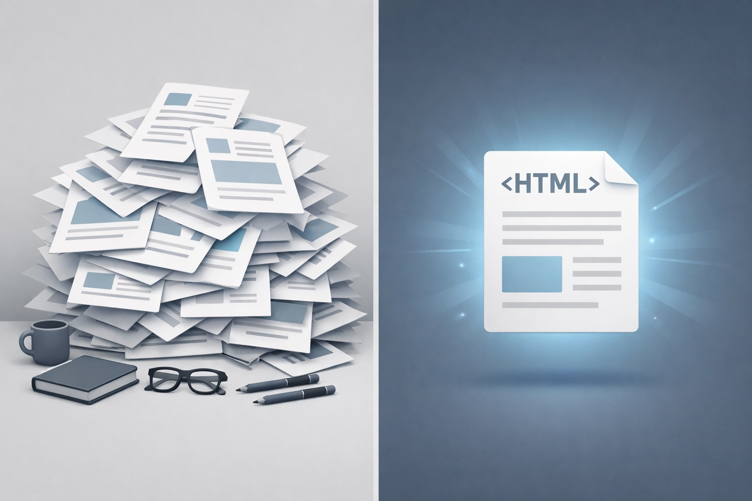 Comparison showing duplicate content maintenance burden versus single streamlined HTML page