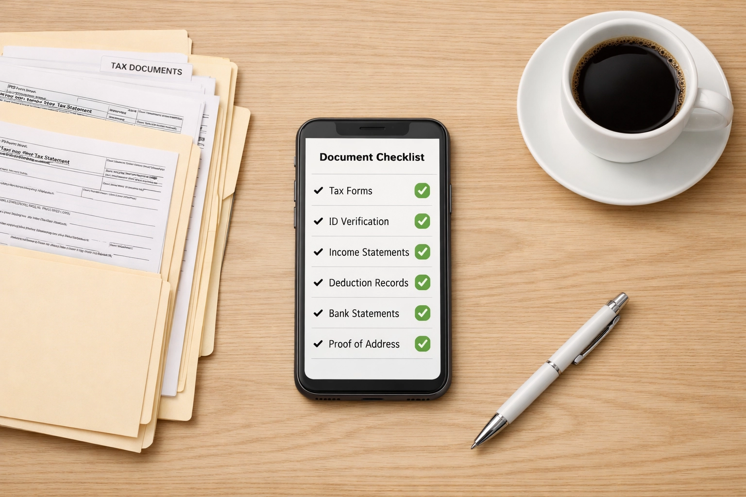 Organized tax documents and smartphone with document tracking checklist for ERO automation