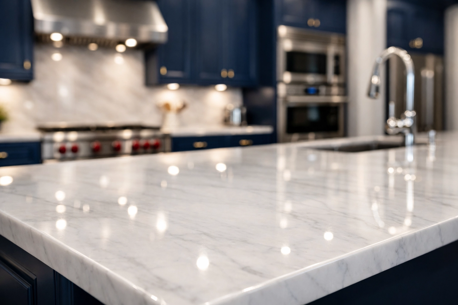 Sparkling marble kitchen island showing the thorough results of expert deep cleaning Worcester in a modern home.