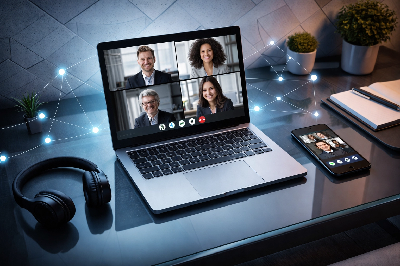 Remote home office setup with laptop and smartphone connected via VoIP for business calls