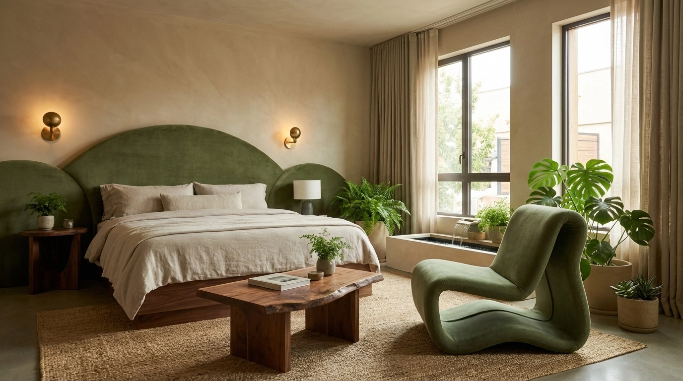 Kathy Kuo Home–style biophilic guestroom with curved upholstered headboard, live-edge wood coffee table, moss-green accent chair, warm brass sconces, and a subtle water feature
