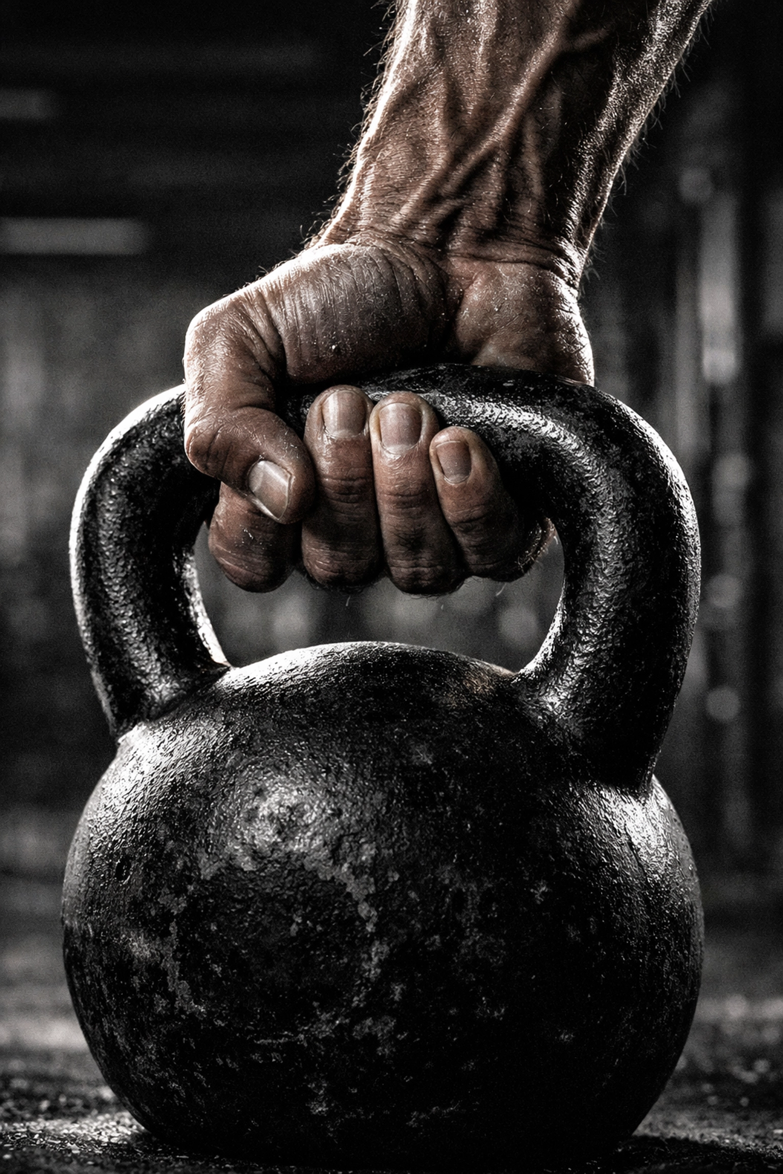 Close-up of intense strength training with a kettlebell to build a summer body at a luxury fitness studio.