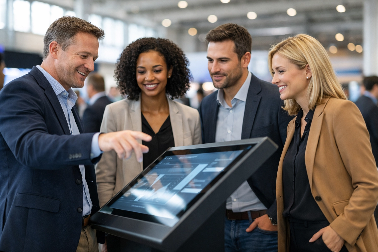 Business professionals engaging with an interactive sponsorship activation kiosk at a sports media conference.