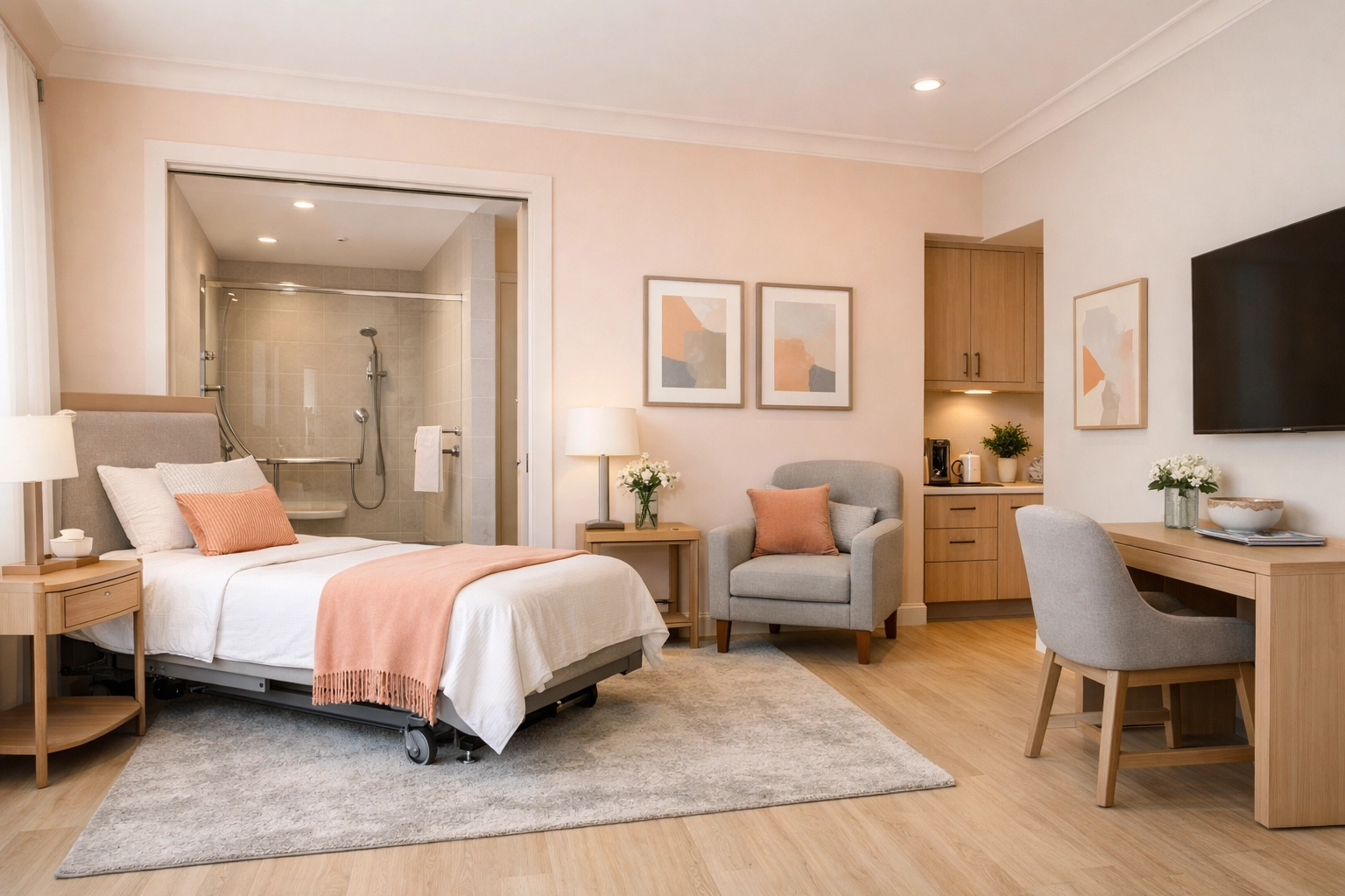 Modern assisted living suite in Lakewood Ranch featuring universal design and accessible senior living features.