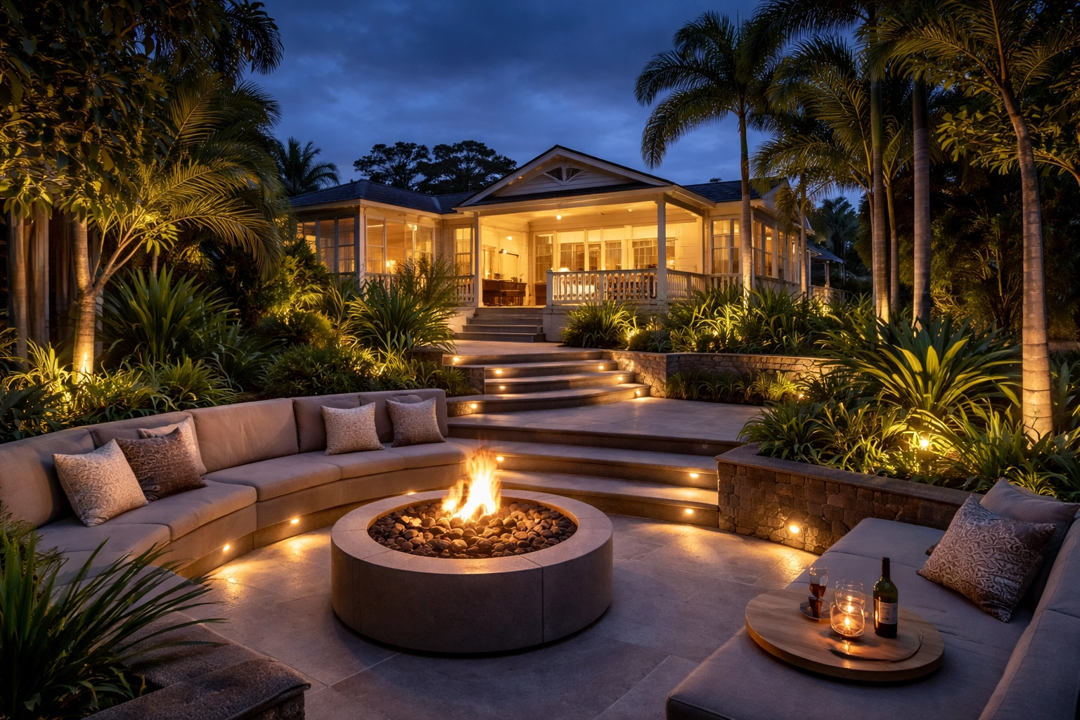 Luxury Brisbane backyard entertaining area with fire pit, native landscaping, and Queenslander home at dusk