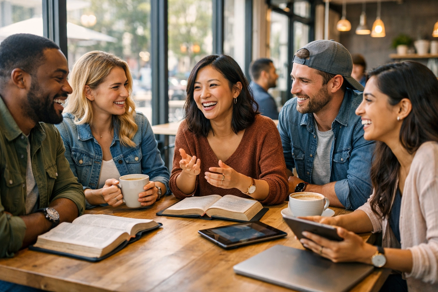 A diverse community of believers meets at a coffee shop for a Boundless Online Church Bible study.