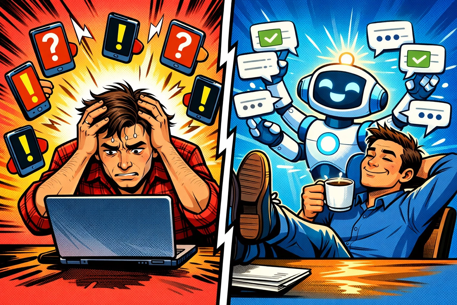 Business owner stressed by customer messages vs. relaxed while AI assistant handles support inquiries automatically