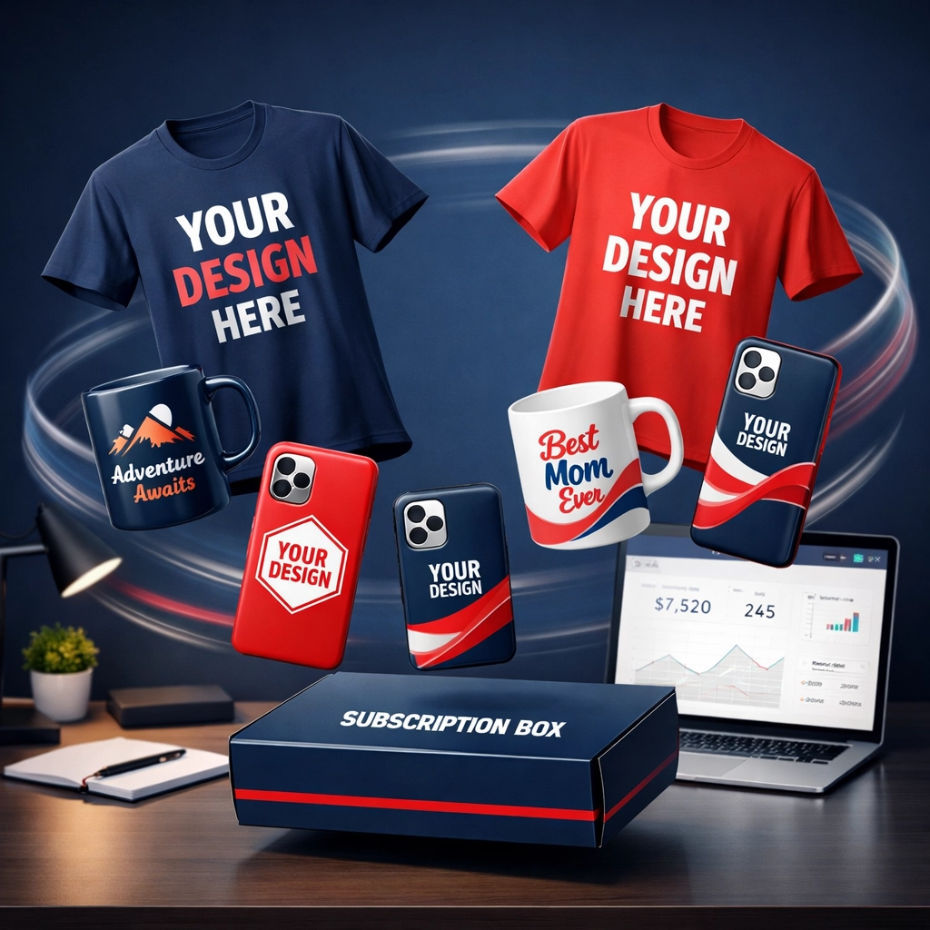 E-commerce products including custom t-shirts and subscription boxes for online store business
