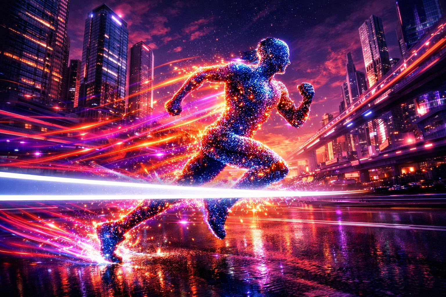 Digital runner crossing a finish line symbolizing Larecoin speed and Layer 1 blockchain settlement.