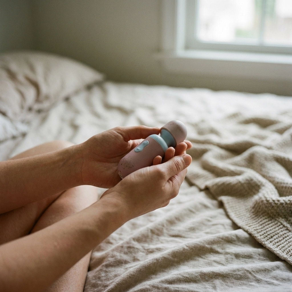 Hands holding small beginner vibrator with natural light in bedroom setting