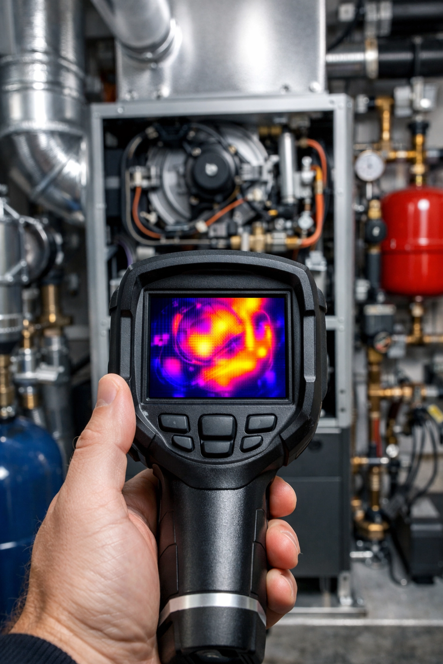 Thermal imaging camera scanning a furnace to identify hidden issues during a home inspection.