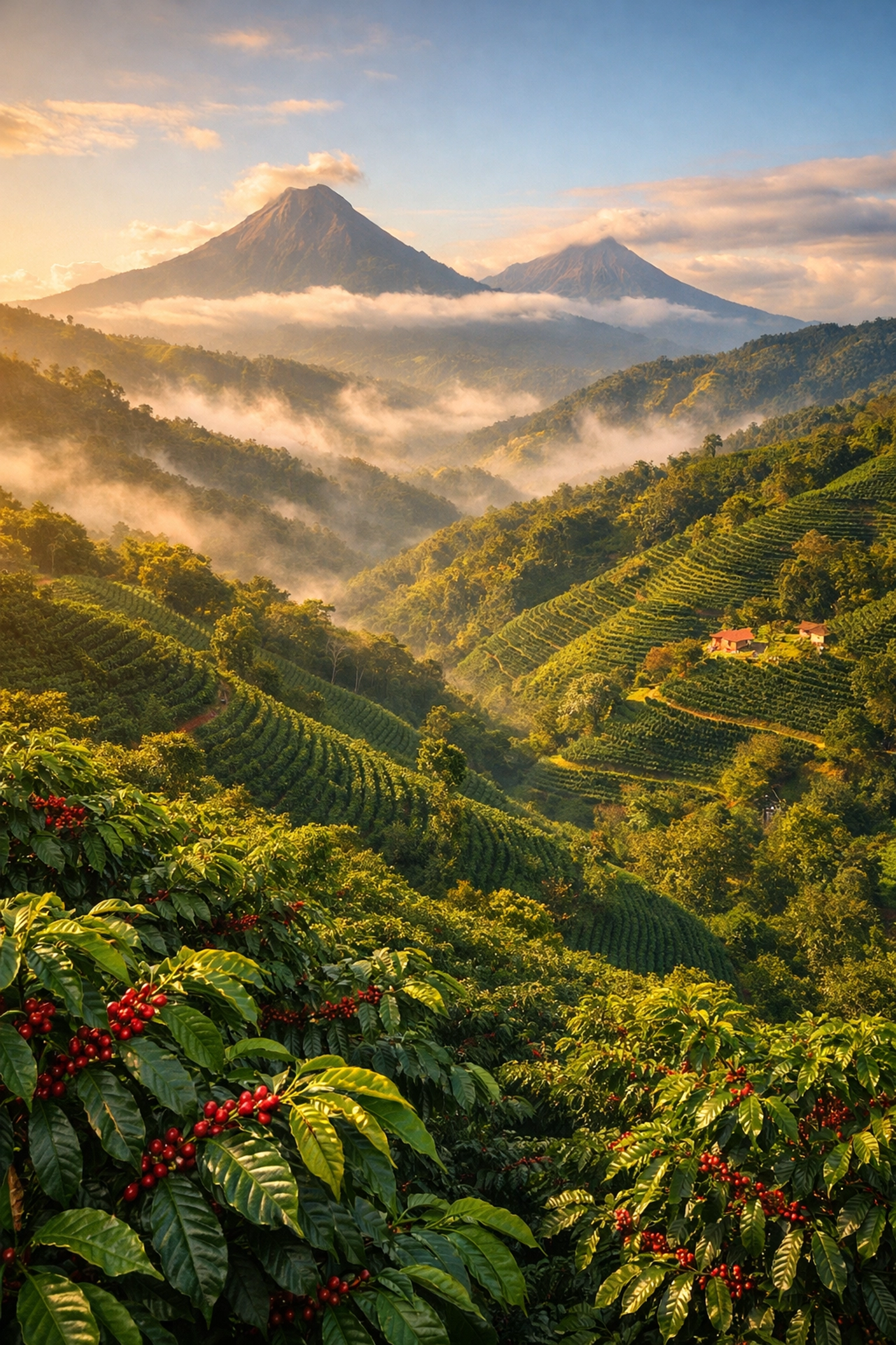 Aerial view of Colombian Coffee Triangle with terraced plantations on Andean mountain slopes