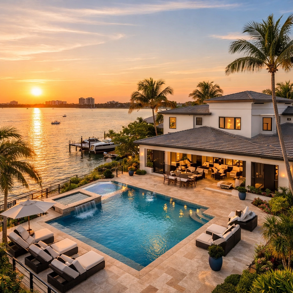 Luxury Sarasota waterfront home with pool showcasing professional real estate photography