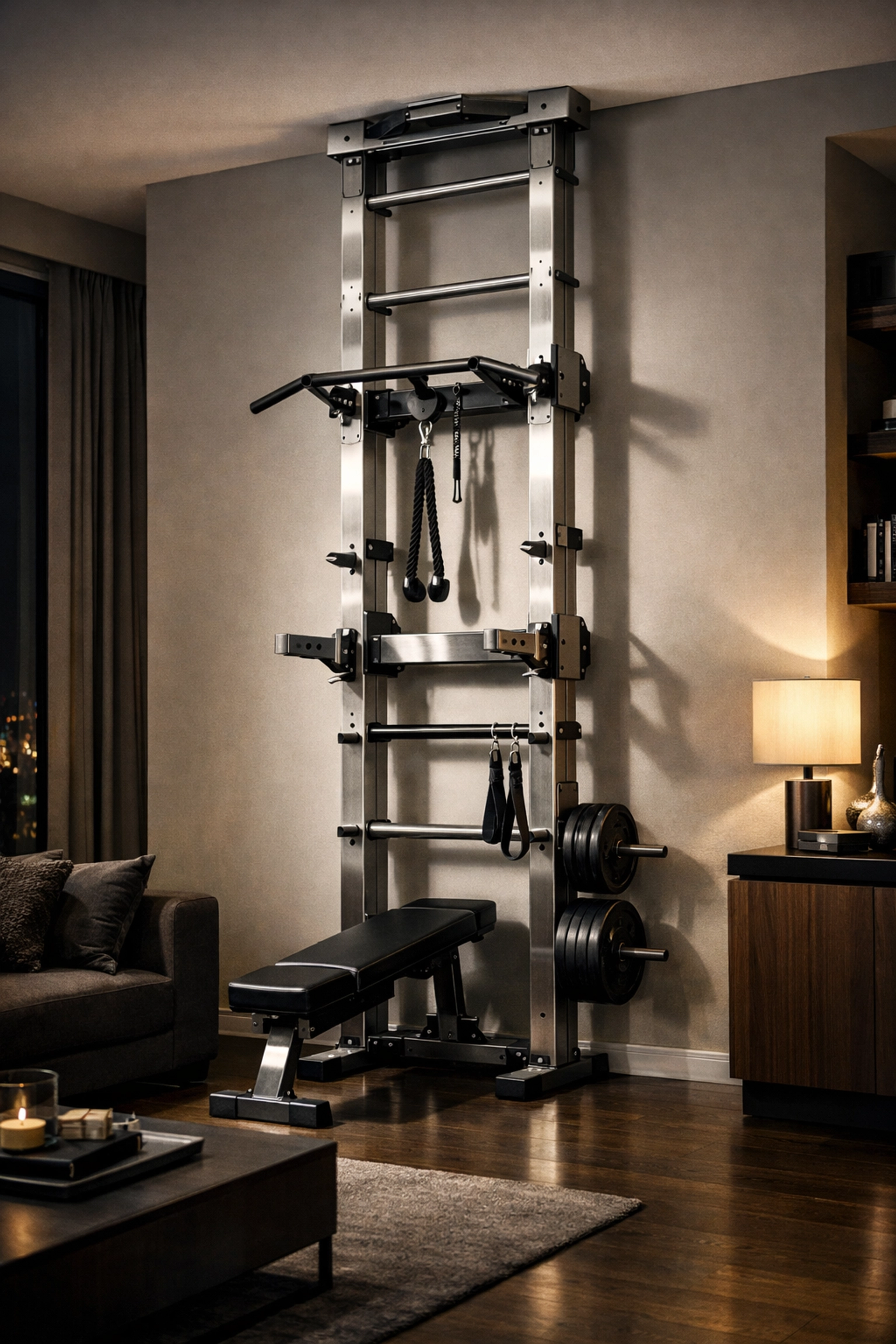 Floor-to-ceiling fitness rail system in a modern apartment for a no-wall-damage home gym setup.