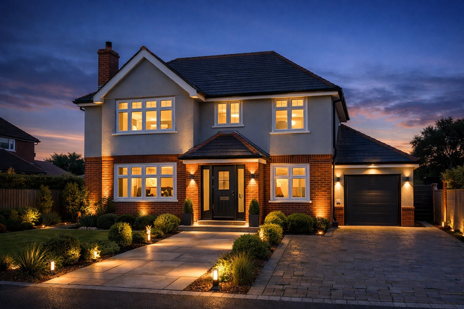 A fully refurbished house in Bognor Regis featuring modern light-grey rendering and restored traditional brickwork.