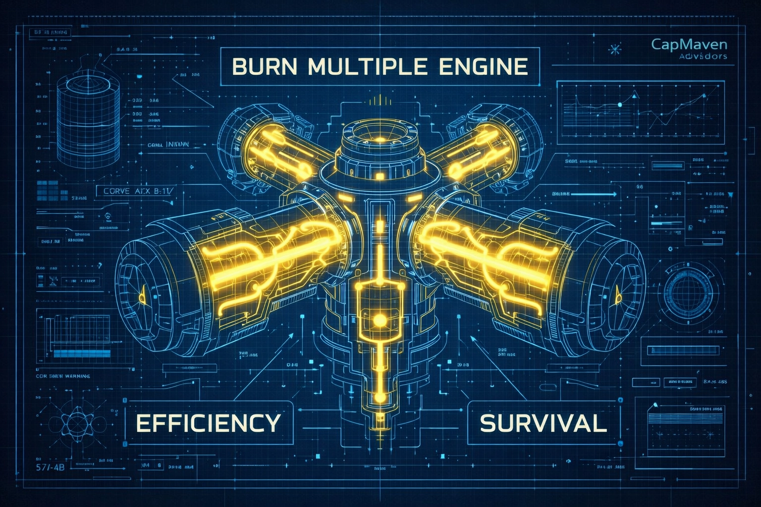 Technical blueprint schematic of a burn multiple engine with glowing gold energy paths and efficiency metrics.